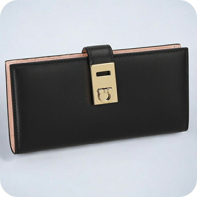 フェラガモ 長財布 レディース ブランド Ferragamo 220522CALF NE NP 770 845 ブラック/ピンク 220522CALF-NE-NP-770-845