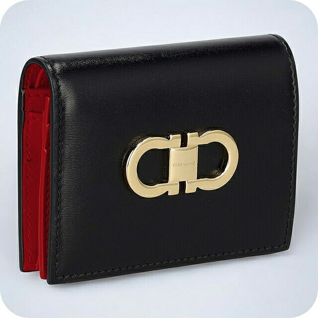 フェラガモ 二つ折り財布 レディース ブランド Ferragamo 220627CALF NE FR 770 769 ブラック/レッド 220627CALF-NE-FR-770-769