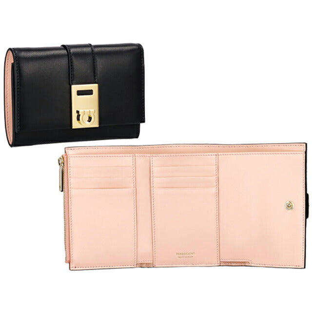 フェラガモ 三つ折り財布 レディース ブランド Ferragamo 220630CALF NE NP 770 860 ブラック/ピンク 220630CALF-NE-NP-770-860