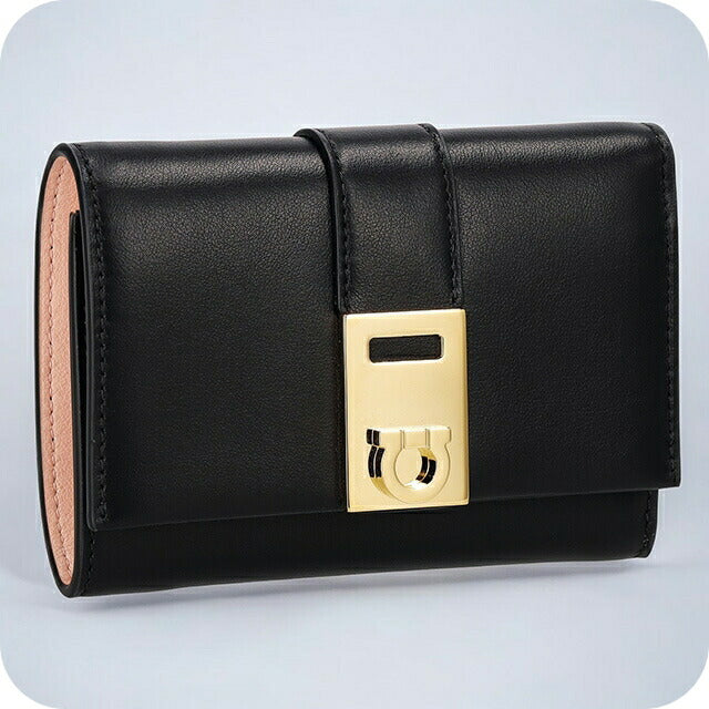 フェラガモ 三つ折り財布 レディース ブランド Ferragamo 220630CALF NE NP 770 860 ブラック/ピンク 220630CALF-NE-NP-770-860
