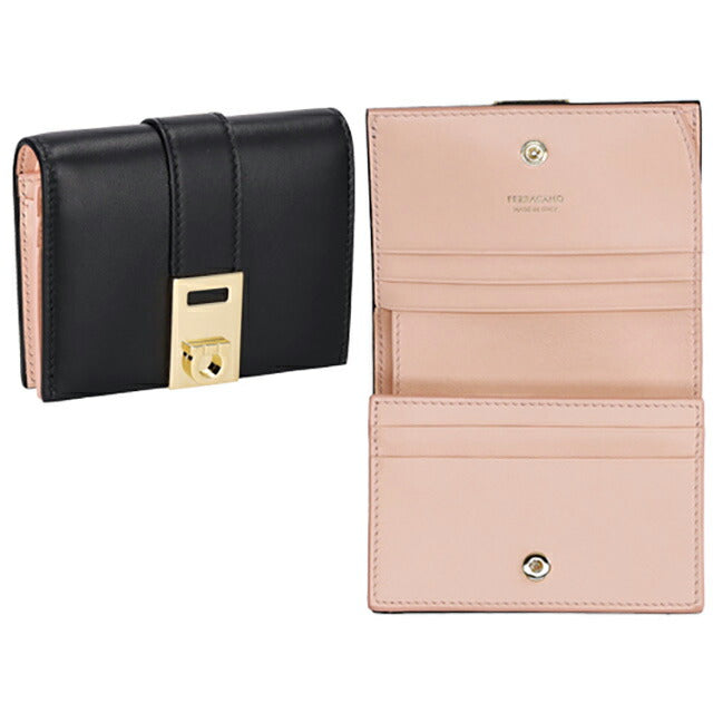 フェラガモ 二つ折り財布 レディース ブランド Ferragamo 220633CALF NE NP 770 850 ブラック/ピンク 220633CALF-NE-NP-770-850