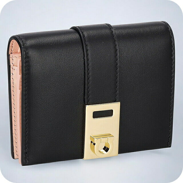 フェラガモ 二つ折り財布 レディース ブランド Ferragamo 220633CALF NE NP 770 850 ブラック/ピンク 220633CALF-NE-NP-770-850