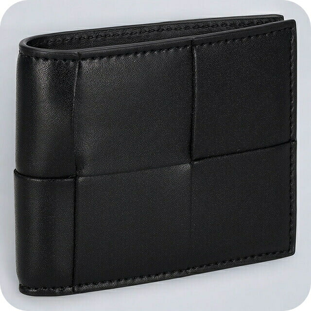 大人気☆【Bottega Veneta】革製 カセット ウォレット（黒） ブラックイントレチャート 二つ折りファスナーウォレット