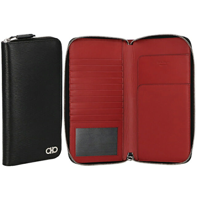 フェラガモ 長財布 メンズ ブランド Ferragamo 661074PEBBLE NE RD 753 632 ブラック/レッド 661074PEBBLE-NE-RD-753-632