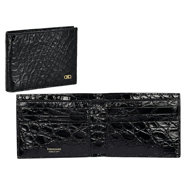 フェラガモ 二つ折り財布 メンズ ブランド Ferragamo 661451ALLIGATOR NER 776 198 ブラック 661451ALLIGATOR-NER-776-198