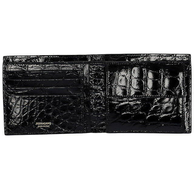 フェラガモ 二つ折り財布 メンズ ブランド Ferragamo 661454ALLIGATOR NERR 776 001 ブラック 661454ALLIGATOR-NERR-776-001