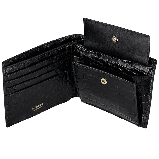 フェラガモ 二つ折り財布 メンズ ブランド Ferragamo 661454ALLIGATOR NERR 776 001 ブラック 661454ALLIGATOR-NERR-776-001