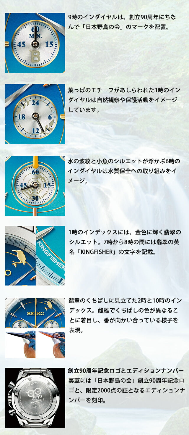 日本野鳥の会 創立90周年記念 翡翠ウオッチ セイコー コラボ クオーツ 電池式 腕時計 ブランド メンズ 数量限定 クロノグラフ 51396 IEI-51396