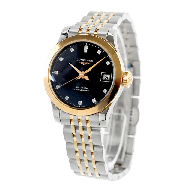 ロンジン レコード 自動巻き 腕時計 ブランド レディース LONGINES L2.320.5.57.7 アナログ ブラック シルバー ピンクゴールド 黒 スイス製 L2-320-5-57-7