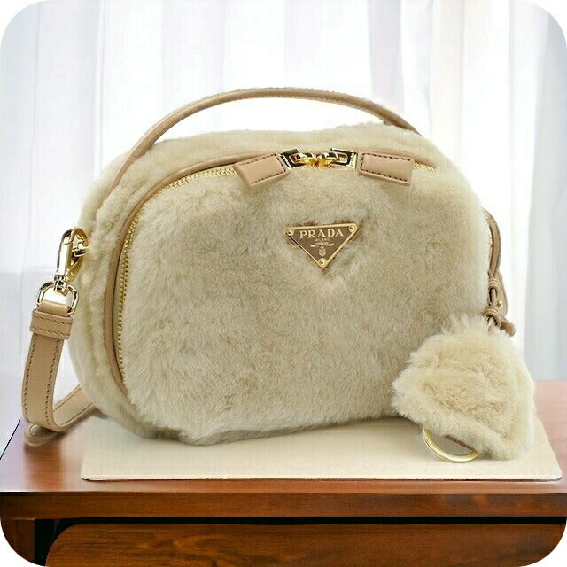 プラダ 斜め掛けショルダーバッグ レディース ブランド MONTONE フェイクファー、レザー イタリア 1BH208 ECRU+NOISETTE ベージュ系 バッグ PRA1BH208011