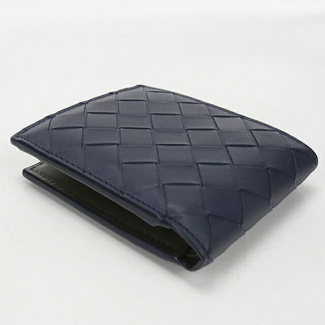 中古 ボッテガ・ヴェネタ 二つ折り財布 二折財布 コンパクト メンズ ブランド BOTTEGA VENETA イントレチャート レザー ネイビー USDBO116254011