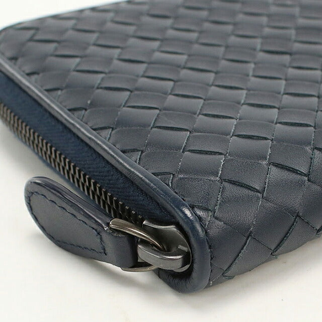 中古 ボッテガ・ヴェネタ 長財布ラウンドファスナー メンズ ブランド BOTTEGA VENETA イントレチャート レザー ネイビー USDBO117639011