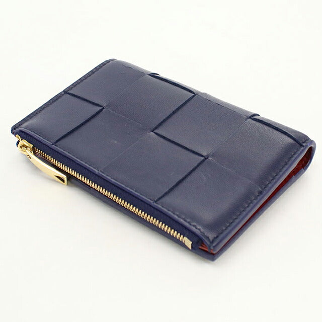 中古 ボッテガ・ヴェネタ 二つ折り財布 二折財布 コンパクト レディース ブランド BOTTEGA VENETA カセット 二つ折りウォレット ネイビー USDBO118603011