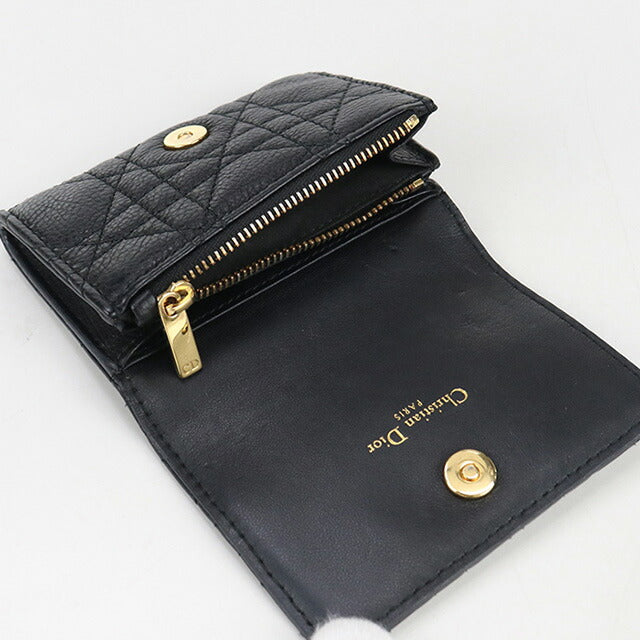 中古 ディオール 二折財布 レディース ブランド Dior CARO グリシン ウォレット S5132UWHC_M900 ブラック 財布 USDCD100281011