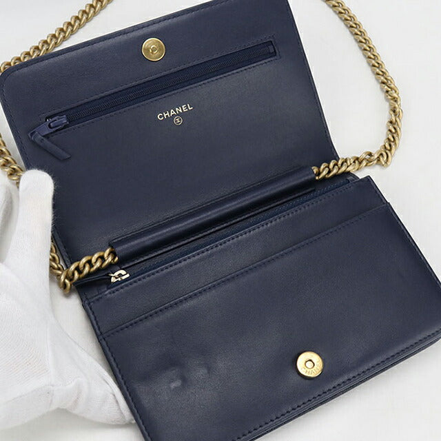 中古 シャネル チェーンウォレット レディース ブランド CHANEL ボーイシャネル ネイビー 財布 USDCH99932011