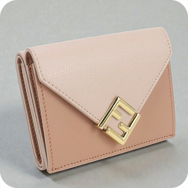 【美品】FENDI 　フェンディ　三つ折り財布　ロゴ　レザー　革　ピンク 中古 フェンディ 三つ折り財布 レディース ブランド FENDI コンパクト