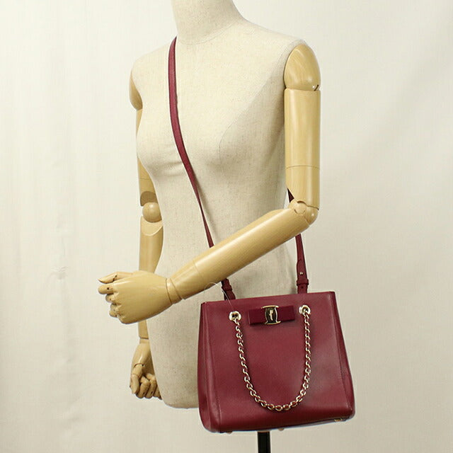 中古 フェラガモ トートバッグ レディース ブランド FERRAGAMO ヴァラリボン 2WAY チェーン 21 E998 ワインレッド USDFR114099011