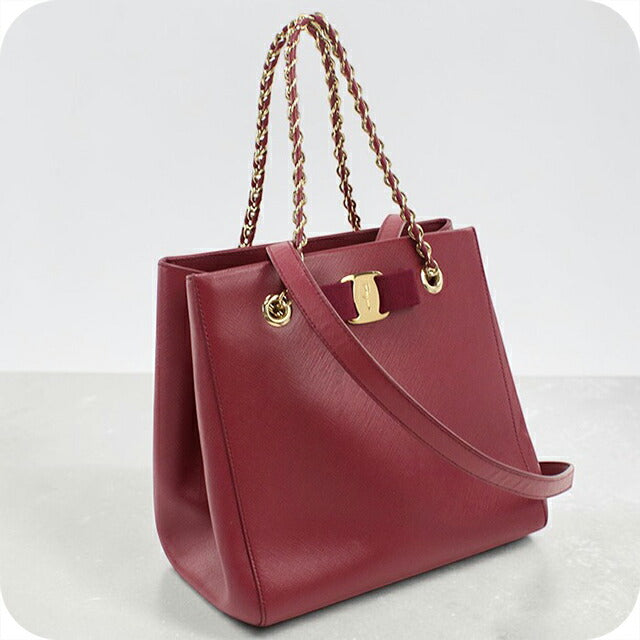 中古 フェラガモ トートバッグ レディース ブランド FERRAGAMO ヴァラリボン 2WAY チェーン 21 E998 ワインレッド USDFR114099011