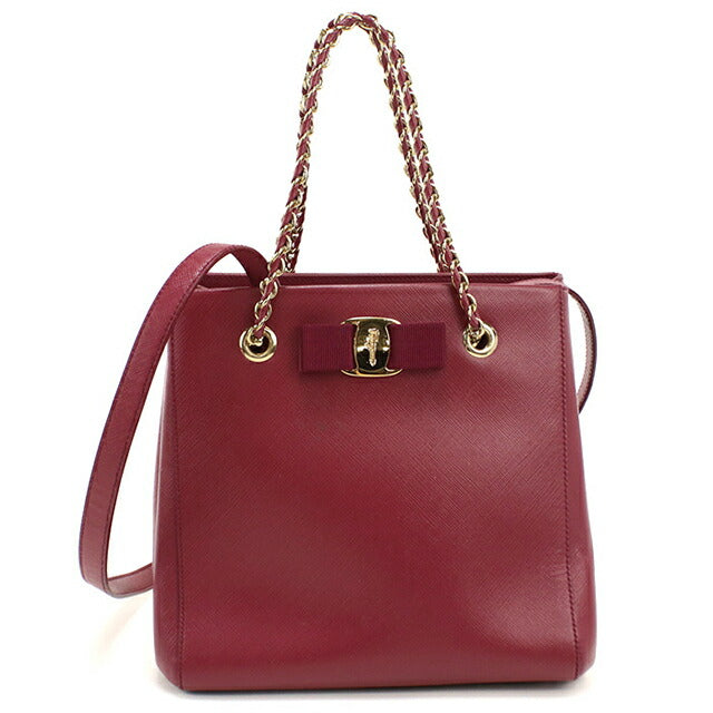 中古 フェラガモ トートバッグ レディース ブランド FERRAGAMO ヴァラリボン 2WAY チェーン 21 E998 ワインレッド USDFR114099011