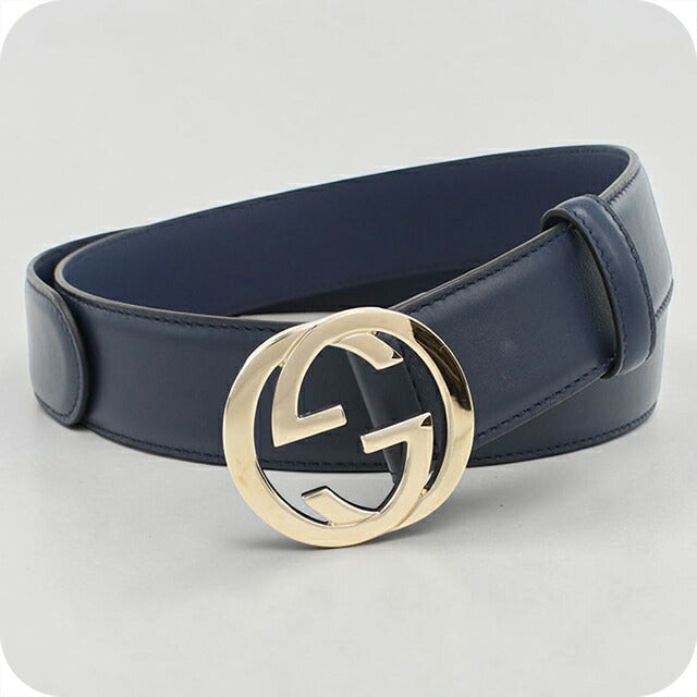 GUCCI ネイビー ベルト 95-38 サイズ 中古 グッチ ベルト メンズ ブランド GUCCI インターロッキングG
