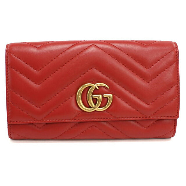 GUCCI ウォレットチェーン レザー✖️シルバー レッド 美品 中古 グッチ 長財布二折 レディース ブランド GUCCI ダブルG