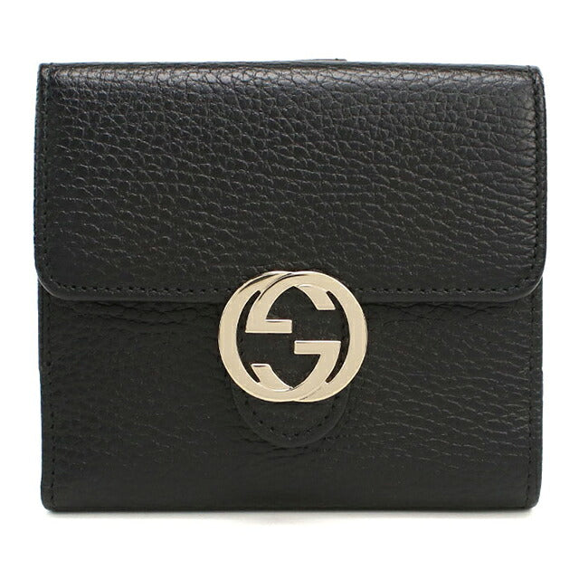 中古 グッチ 二つ折り財布 二折財布 コンパクト レディース ブランド GUCCI インターロッキングG Wホック レザー 615525 ブラック USDGU118267011