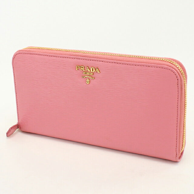 Used Prada long wallet round zipper ladies brand PRADA Vitellomove leather 1ML506 pink USDPR120581011