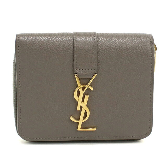 中古 サンローラン 二つ折り財布 二折財布 コンパクト レディース ブランド SAINT LAURENT YSLライン ラージジップウォレット 670285 グレー USDSL119608011