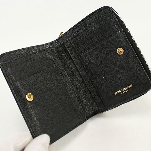 中古 サンローラン 二つ折り財布 二折財布 コンパクト レディース ブランド SAINT LAURENT YSLライン ラージジップウォレット 670285 ブラック USDSL119753011