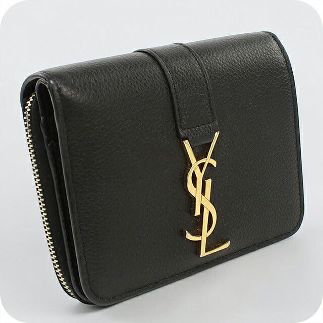 中古 サンローラン 二つ折り財布 二折財布 コンパクト レディース ブランド SAINT LAURENT YSLライン ラージジップウォレット 670285 ブラック USDSL119753011