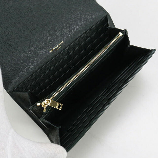 中古 サンローラン 長財布二折 レディース ブランド SAINT LAURENT ラージフラップウォレット レザー 414567 グリーン 財布 USDSL98420011