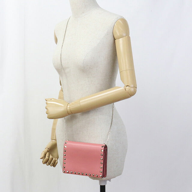 中古 ヴァレンティノ チェーンウォレット レディース ブランド VALENTINO ロックスタッズ レザー ピンク 財布 USDVA96658011