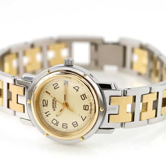 中古 仕上げ済 美品 エルメス HERMES クリッパー コンビ CL4.220 アナログ 腕時計 ブランド レディース シルバー/ゴールド 白 UW-HR-CP-00001