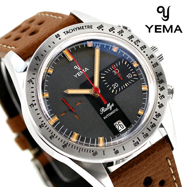 【出口停产特价】YEMA Rally 5 Turbo 自动手表品牌男士计时码表皮革表带 YEMA YRAL23-AU32S 模拟黑棕色黑色 YRAL23-AU32S