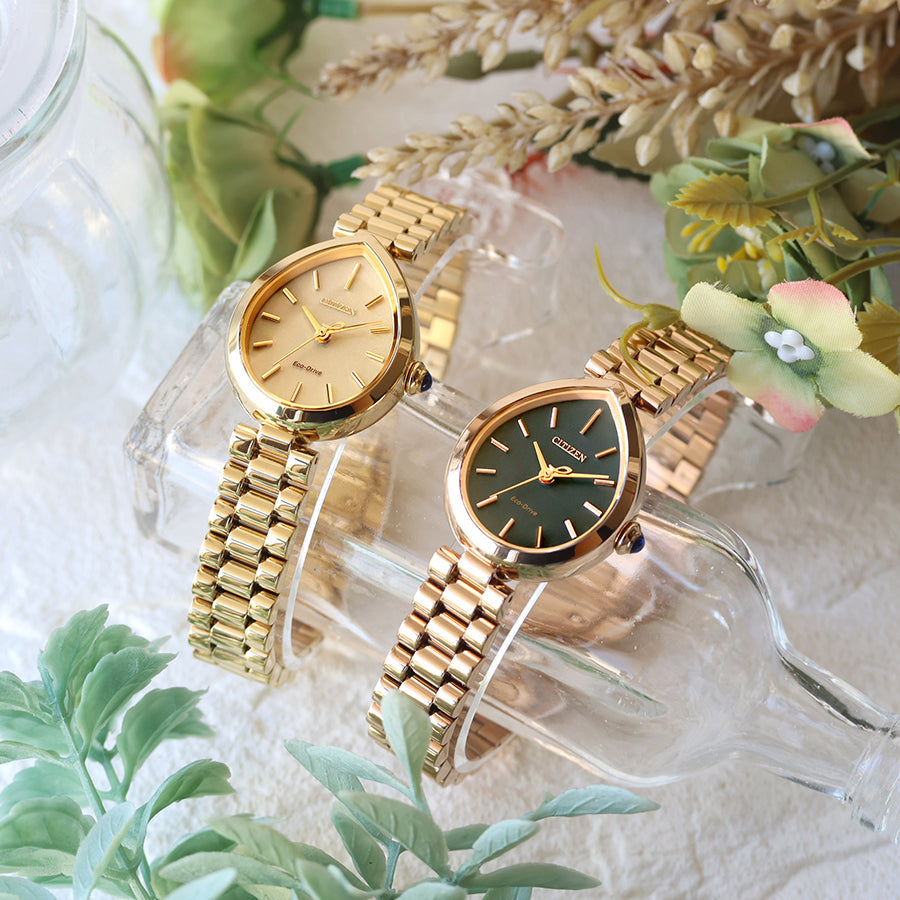 雨の雫をまとった宝石──シチズン エル RAINELL Collection EM1203-57X、グレーグリーン×ピンクゴールドの上品な一本