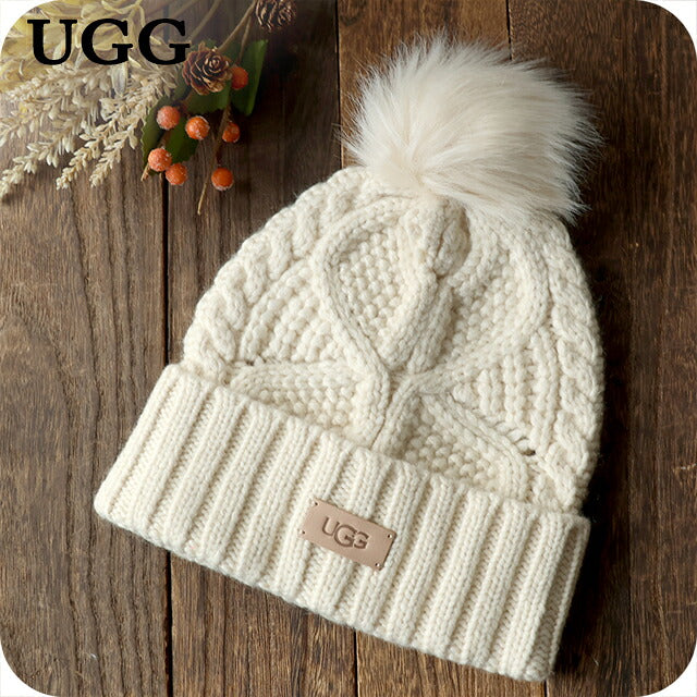 アグ ニット帽 メンズ レディース ブランド UGG CABLE BEANIE WITH POM ロゴ 100819 Cream 帽子 100819-CRM