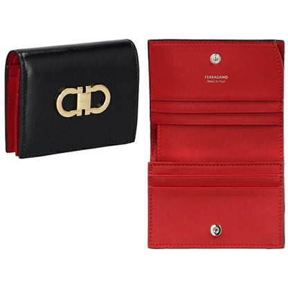 フェラガモ 二つ折り財布 レディース ブランド Ferragamo 220627CALF NE FR 770 769 ブラック/レッド 220627CALF-NE-FR-770-769