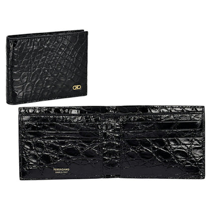 フェラガモ 二つ折り財布 メンズ ブランド Ferragamo 661451ALLIGATOR NER 776 198 ブラック 661451ALLIGATOR-NER-776-198