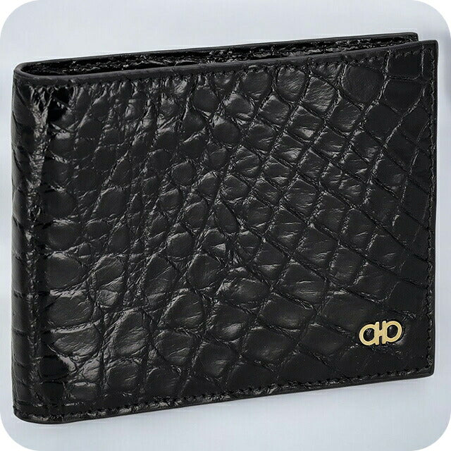 フェラガモ 二つ折り財布 メンズ ブランド Ferragamo 661451ALLIGATOR NER 776 198 ブラック 661451ALLIGATOR-NER-776-198