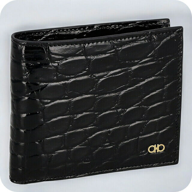 フェラガモ 二つ折り財布 メンズ ブランド Ferragamo 661454ALLIGATOR NERR 776 001 ブラック 661454ALLIGATOR-NERR-776-001