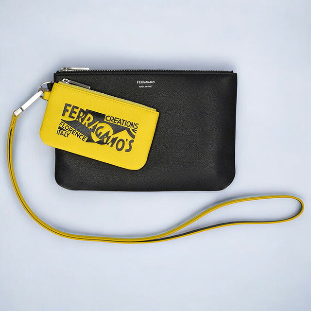 フェラガモ ポーチ メンズ レディース ブランド Ferragamo 661466CALF YE NE 776 210 ブラック/イエロー 661466CALF-YE-NE-776-210