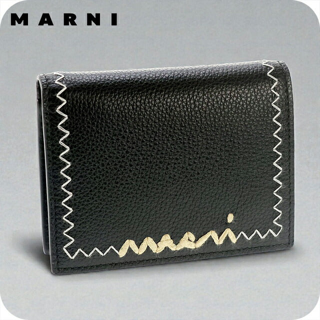 マルニ 二つ折り財布 レディース ブランド MARNI ロゴ 刺繍 ブラック 財布 PFMOQ14Q11-P6533-00N99