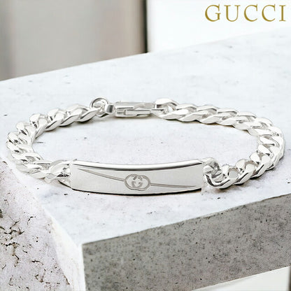 グッチ GUCCI 774054 J8400 8106 19cm ダイアゴナル インターロッキングG エングレービング プレート ブレスレット メンズ アクセ ABGU00555M