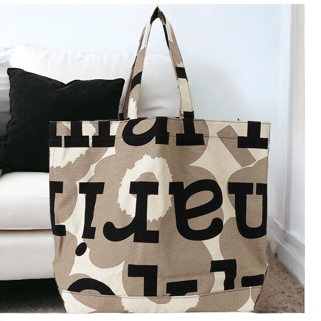 マリメッコ marimekko 091683 889 ウニッコ柄×マリロゴ コットンキャンバス トートバッグ ベージュ×ブラック レディース ユニセックス 記念品 ギフト BBMM00535L