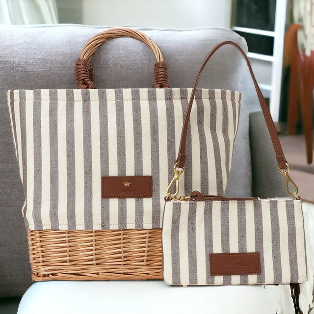ウィークエンド マックスマーラ WEEKEND MAX MARA 2355111634600 001 ポーチ付 パナマ ハンドバッグ ストライプ ラタンかごバッグ ブラック レディース BBMR00008L