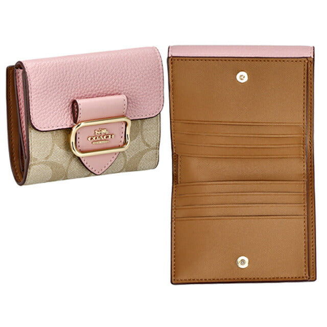 コーチ 二つ折り財布 レディース ブランド COACH シグネチャー CF472 IMV3C 1 ライトカーキベージュ/パウダーピンク CF472-IMV3C-1