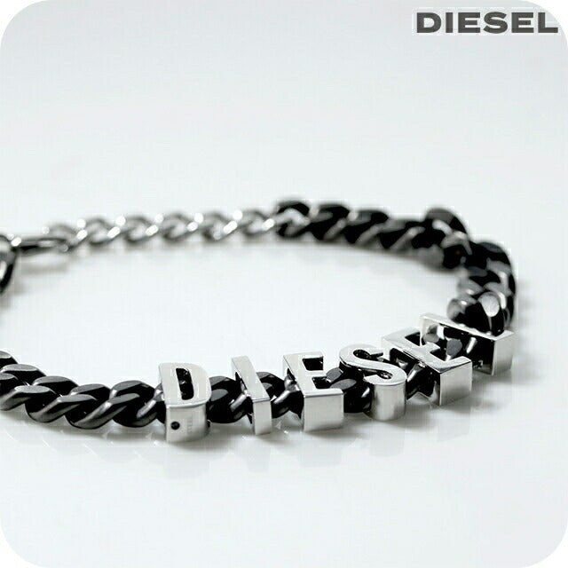 ☆美品☆ DIESEL ブレスレット チェーン シルバー ブラック レザー ロゴ DIESEL ディーゼル ブレスレット ブレス メンズ ブラック レザー