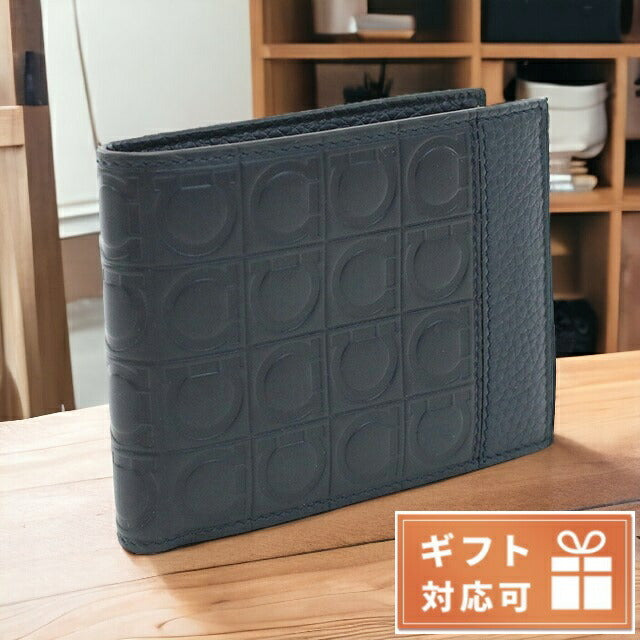 フェラガモ 二折財布 メンズ PEBBLE CALF カーフ イタリア 66-A144 ネイビー系 財布 FER66-A144021