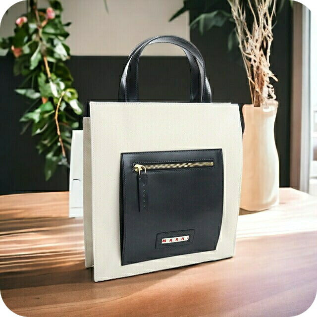 マルニ トートバッグ レディース コットン レザー イタリア SHMP0068Q0 ホワイト系 ブラック バッグ MRNSHMP0068Q0021