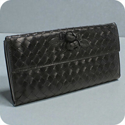 中古 ボッテガヴェネタ 長財布二折 レディース ブランド BOTTEGA VENETA イントレチャート Wホック レザー 134075 V5281 1000 ブラック USDBO103591011